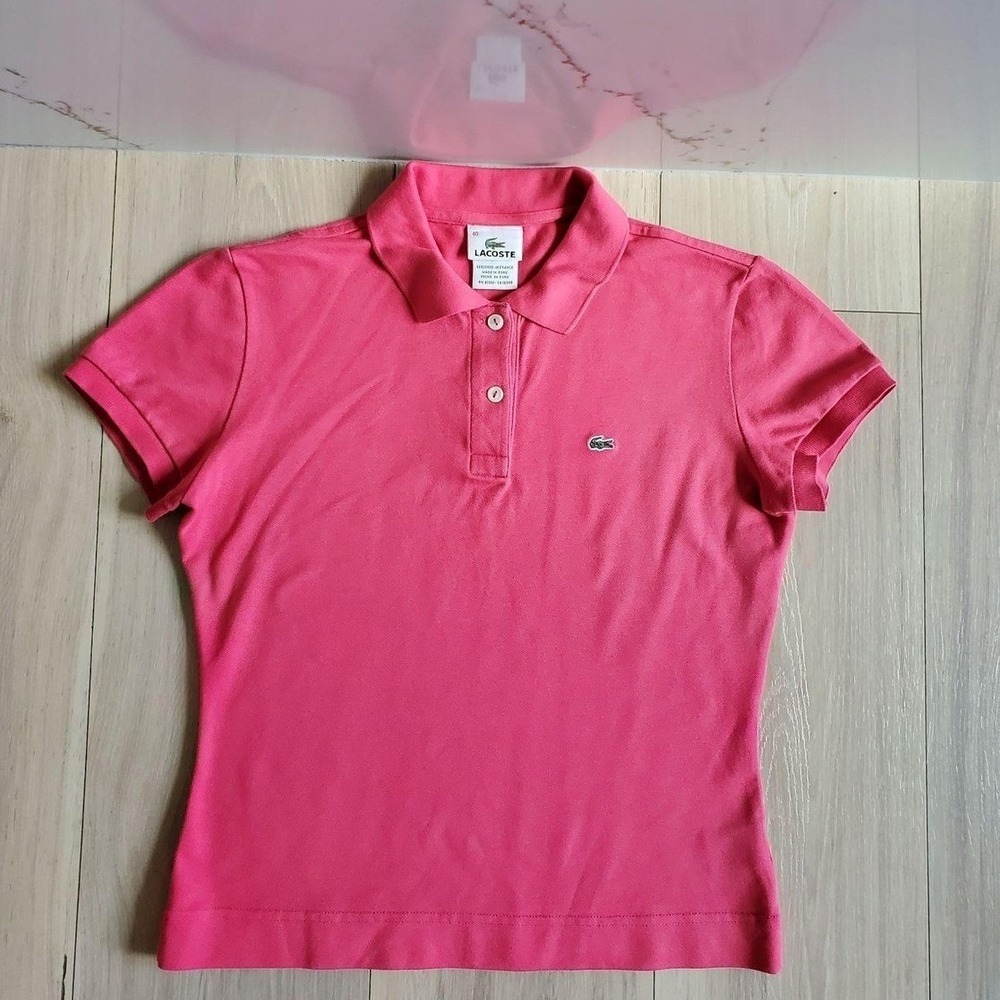 Lacoste Polo Shirt Womens 40 Pink Collared Short Sleeve Stretch Knit Pique
